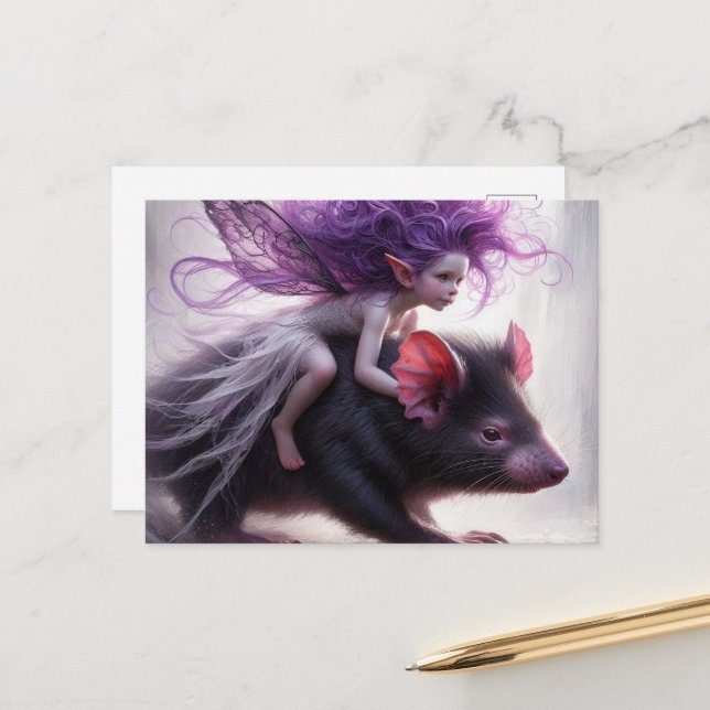 A fairy rides a Tasmanian Devil fantasy art Postcard (Front/Back In Situ)