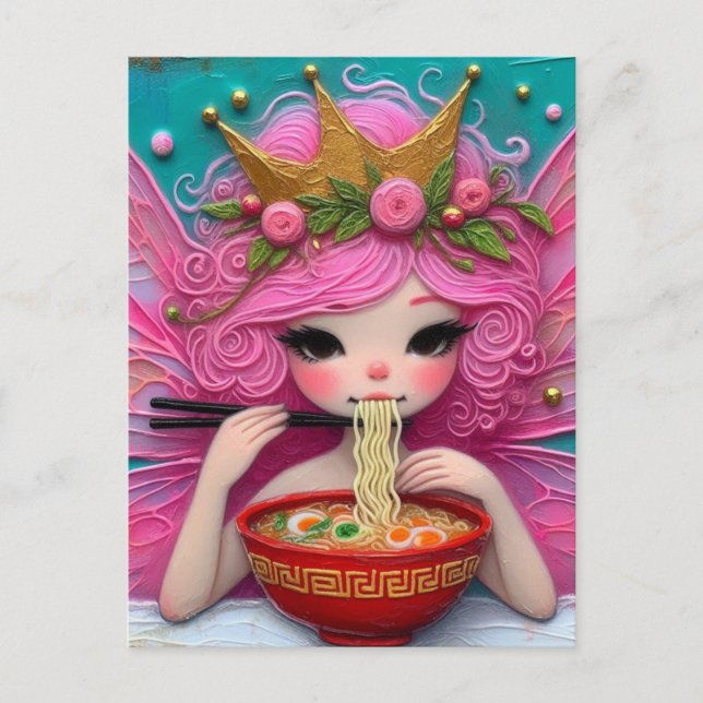 A Fairy With Pink Hair Eating Ramen Postcard (Front)