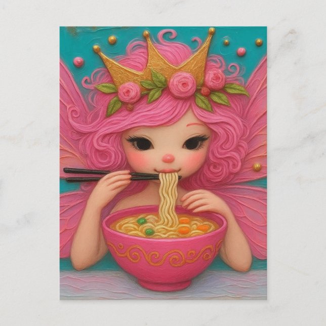 A Fairy With Pink Hair Eating Ramen Postcard (Front)