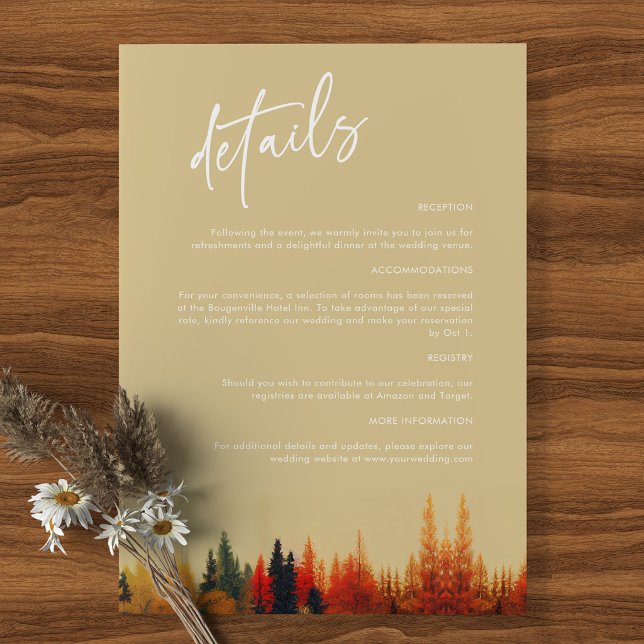 A Fairytale Affair: Whimsical Fall Wedding Details Enclosure Card (Whimsical fall wedding details card mockup on rustic wood with autumn forest)