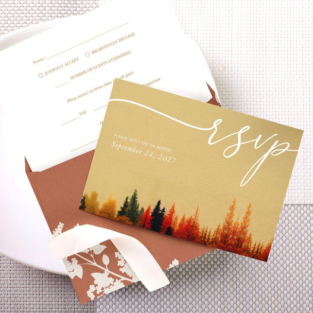 A Fairytale Affair: Whimsical Fall Wedding RSVP Card (Whimsical fall wedding RSVP card mockup with envelope and autumn forest)