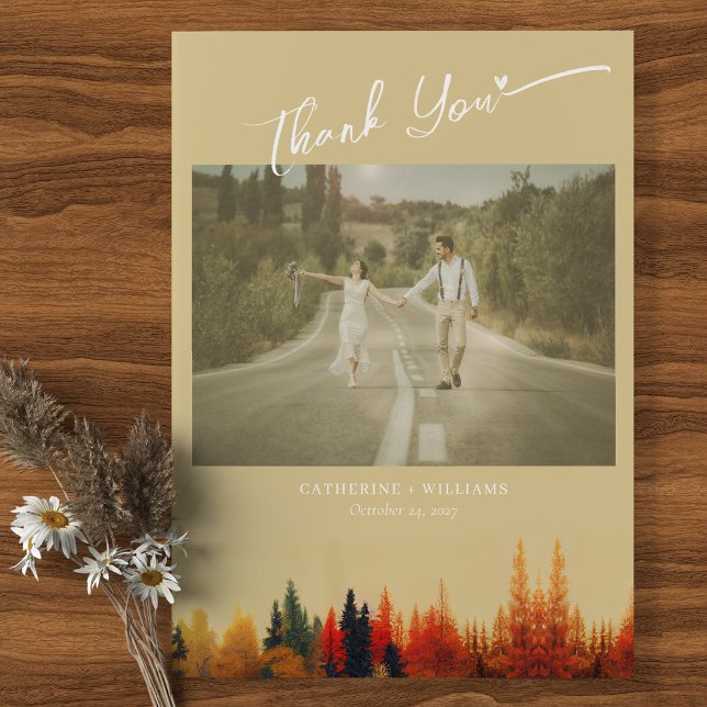 A Fairytale Affair: Whimsical Fall Wedding Thank You Card (Whimsical fall wedding thank you card mockup with couple photo on wood)