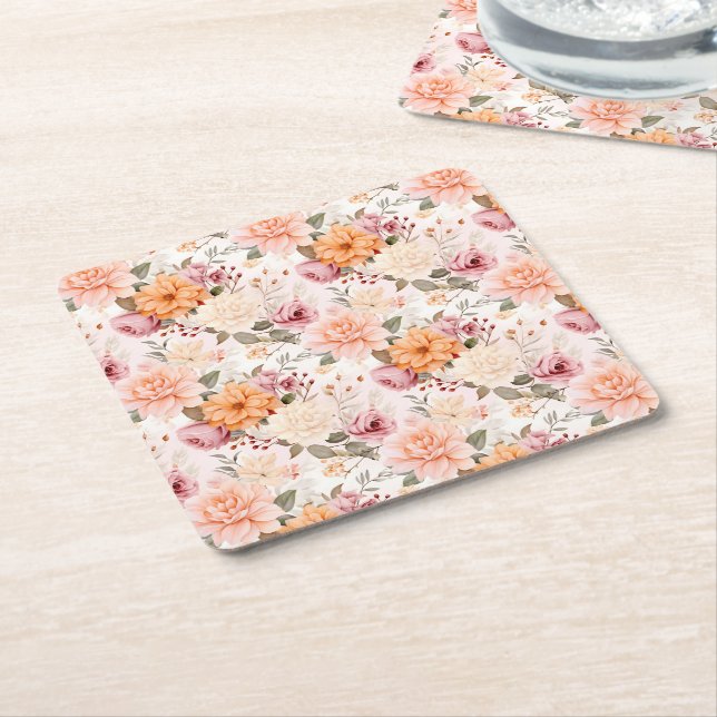 A Fall Floral Series Design 2 Square Paper Coaster (Angled)