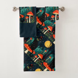 A Familiar Black Cat And Toadstools Halloween 2 Bath Towel Set