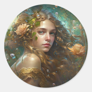 A fantasy mermaid with flowing hair and bubbles classic round sticker