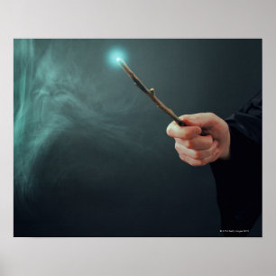 A fantasy wizard making magic with wand. poster