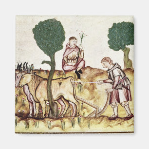 A farmer teaching his son to plough a field magnet