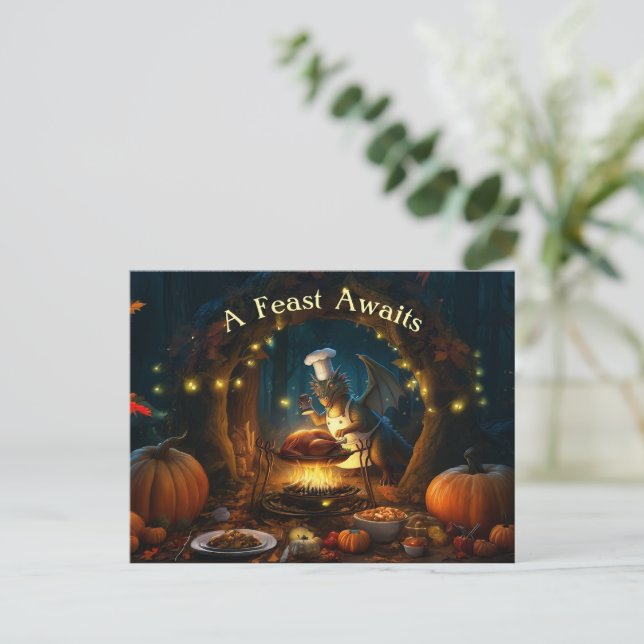 A Feast Awaits - Enchanted Thanksgiving Gathering Holiday Postcard (Standing Front)