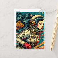 A female astronaut and a goldfish Scifi Retro