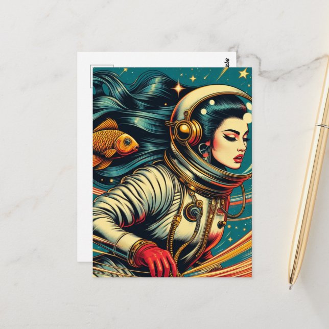 A female astronaut and a goldfish Scifi Retro  Postcard (Front/Back In Situ)