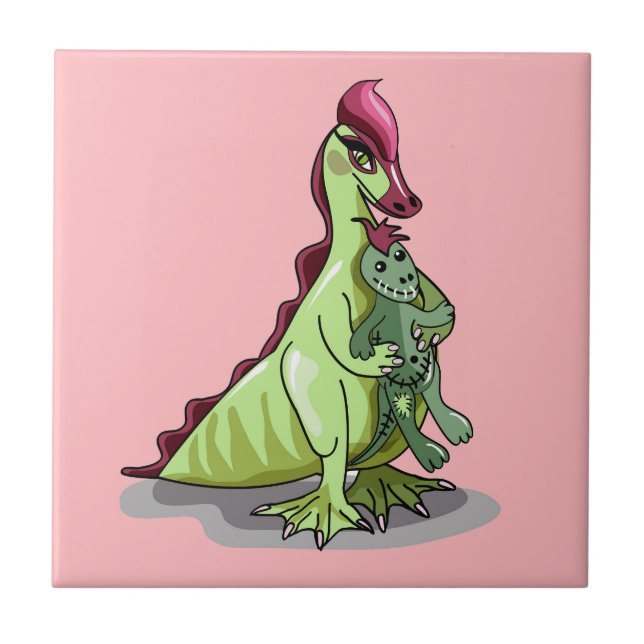 A Female Hadrosaurus Holding A Doll. Tile (Front)