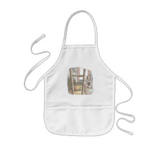 a female illustration sitting in a corner by a win kids apron