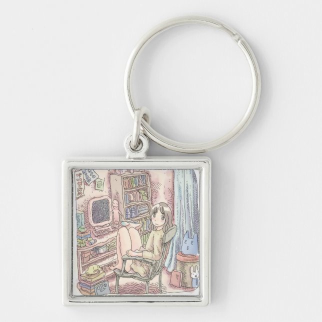 a female illustration sitting on a chair beside a  key ring (Front)