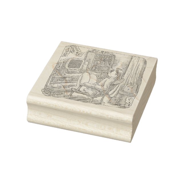 a female illustration sitting on a chair beside a  rubber stamp (Stamp)