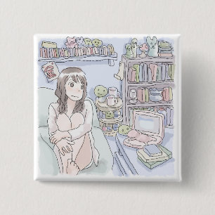 a female illustration sitting on a sofa in a water 15 cm square badge