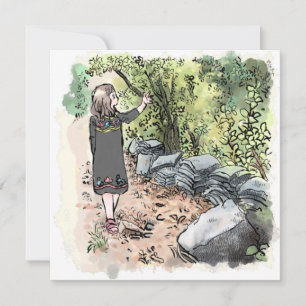 a female water color illustration walking along a card