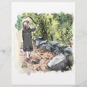 a female water color illustration walking along a custom letterhead