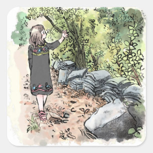 a female water color illustration walking along a square sticker