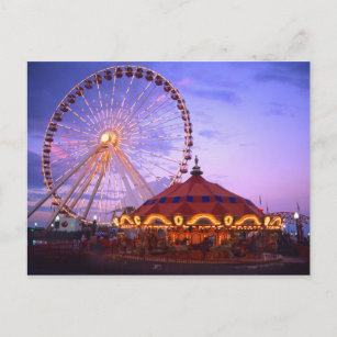 A ferris wheel and carousel at the Navy Pier in Postcard