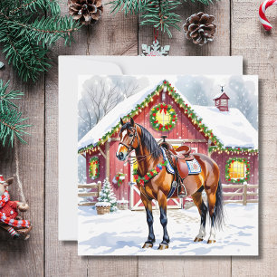 A Festive Brown Horse and Winter Barn Christmas Card