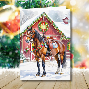 A Festive Brown Horse and Winter Barn Christmas Card