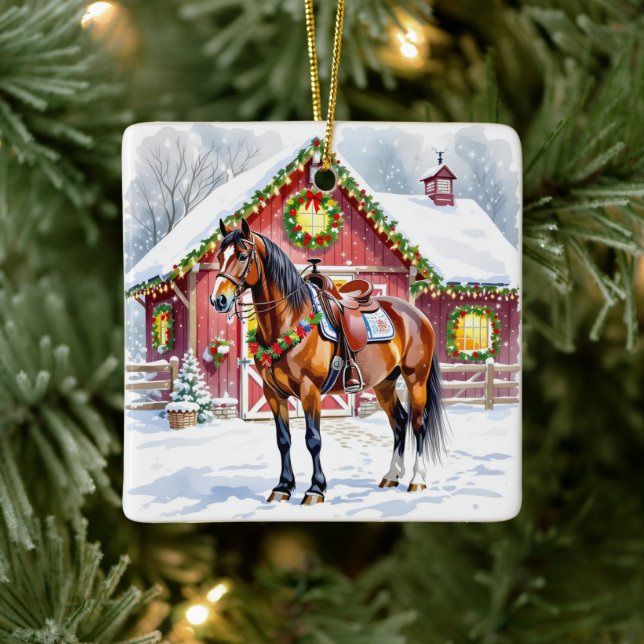 A Festive Brown Horse and Winter Barn Christmas Ceramic Ornament (Tree)