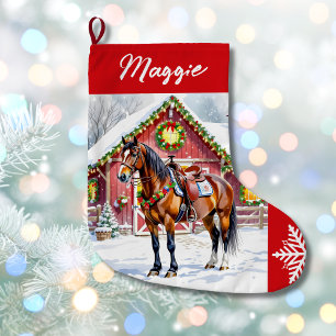 A Festive Brown Horse and Winter Barn Christmas Large Christmas Stocking