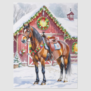 A Festive Brown Horse and Winter Barn Christmas Tissue Paper