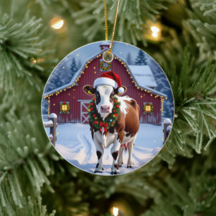 A Festive Cow in Santa Hat Country Christmas   Ceramic Tree Decoration