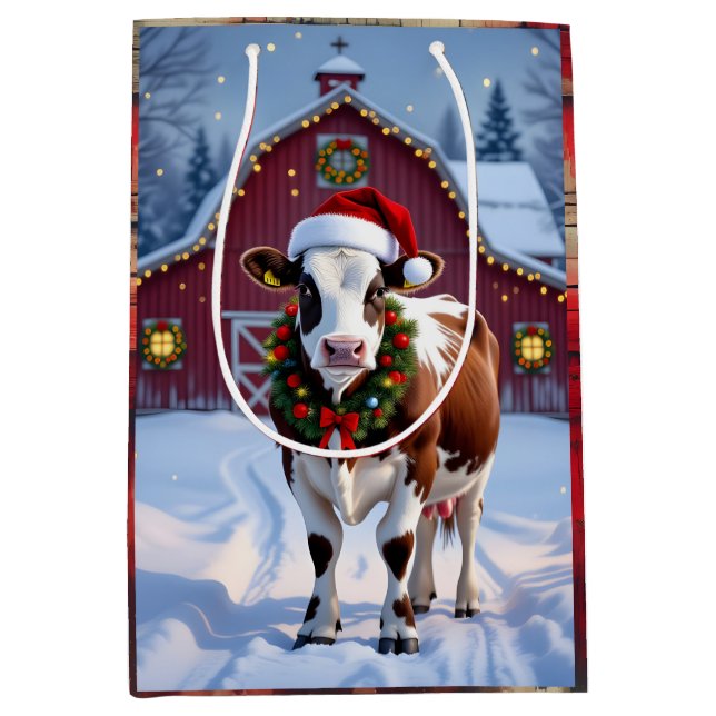 A Festive Cow in Santa Hat Country Christmas   Medium Gift Bag (Front)