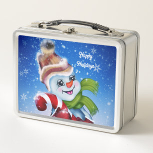A festive snowman metal lunch box