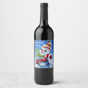 A festive snowman wine label