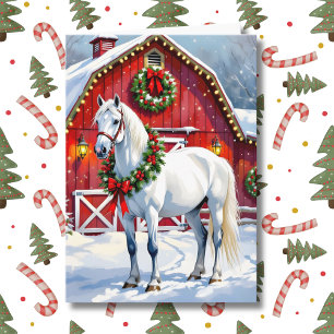 A Festive White Horse and Winter Barn Christmas Card