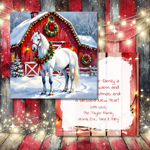 A Festive White Horse and Winter Barn Christmas Holiday Card
