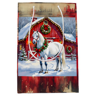 A Festive White Horse and Winter Barn Christmas Medium Gift Bag