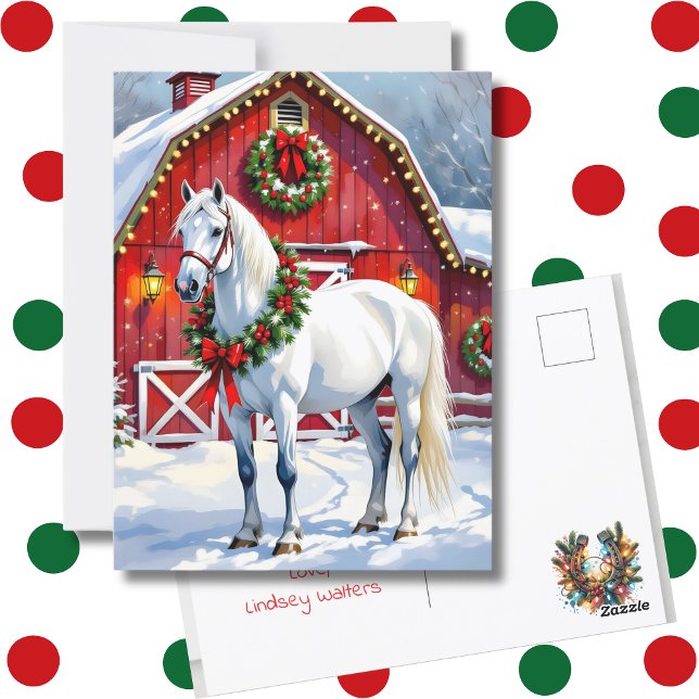 A Festive White Horse and Winter Barn Christmas Postcard (Creator Uploaded)