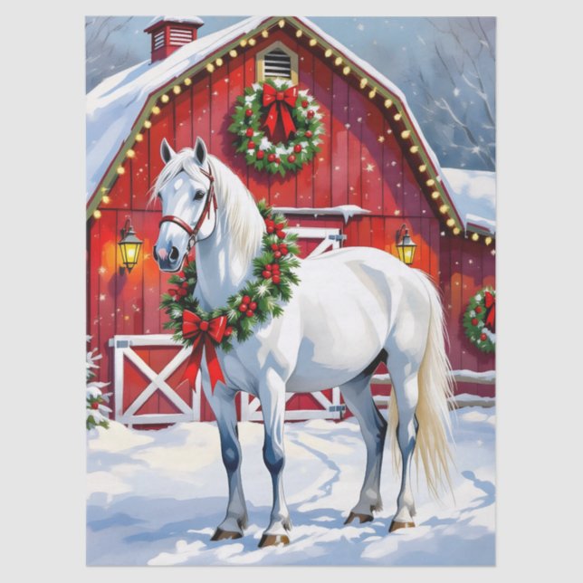 A Festive White Horse and Winter Barn Christmas Tissue Paper (Front)