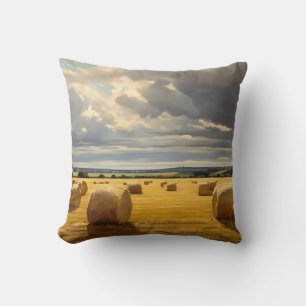 A Field Of Golden Haystacks On An Autumn Day Cushion