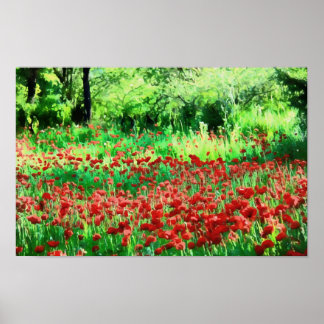 A Field Of Red Wildflowers Landscape Art Poster