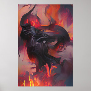 A fiendish monster emerges from a sea of flames poster