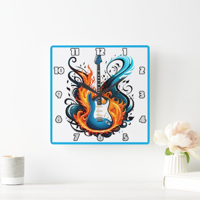 A fiery blue guitar surrounded by swirling flames square wall clock (Home)