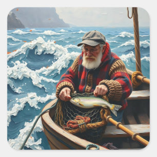A Fisherman on a Boat in the Ocean Square Sticker