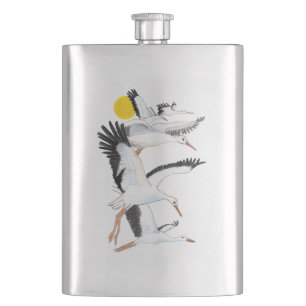 A Flock of White Storks Flying over the Sun Illust Hip Flask