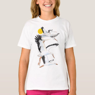 A Flock of White Storks Flying over the Sun Illust T-Shirt