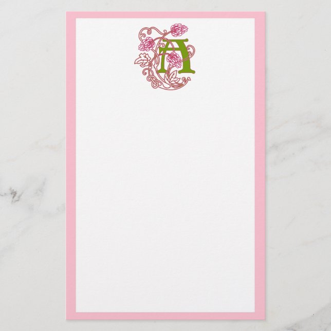 "A" Floral Art Nouveau Monogram Stationery (Front)