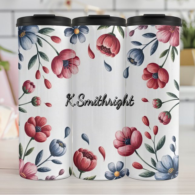 A Floral Frame of Red and Blue Thermal Tumbler (Creator Uploaded)
