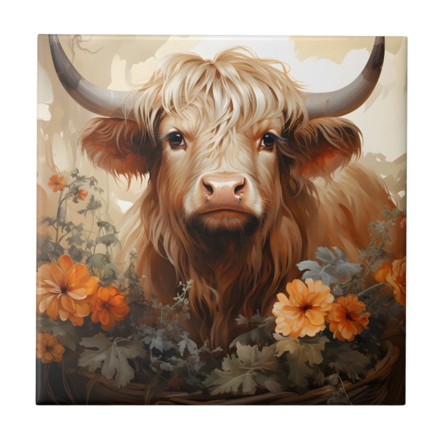 A Floral Highland Cow Series Design 2 Tile (Front)