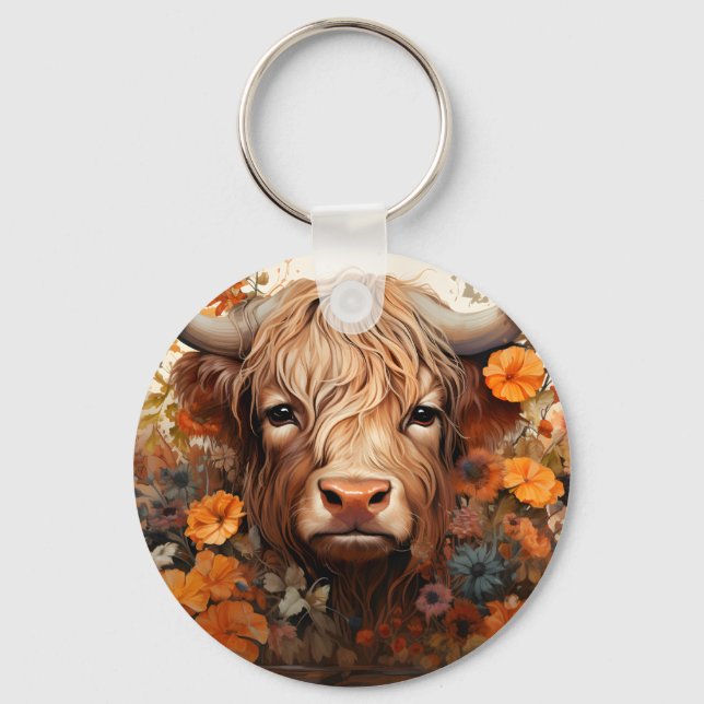 A Floral Highland Cow Series Design 3 Key Ring (Front)