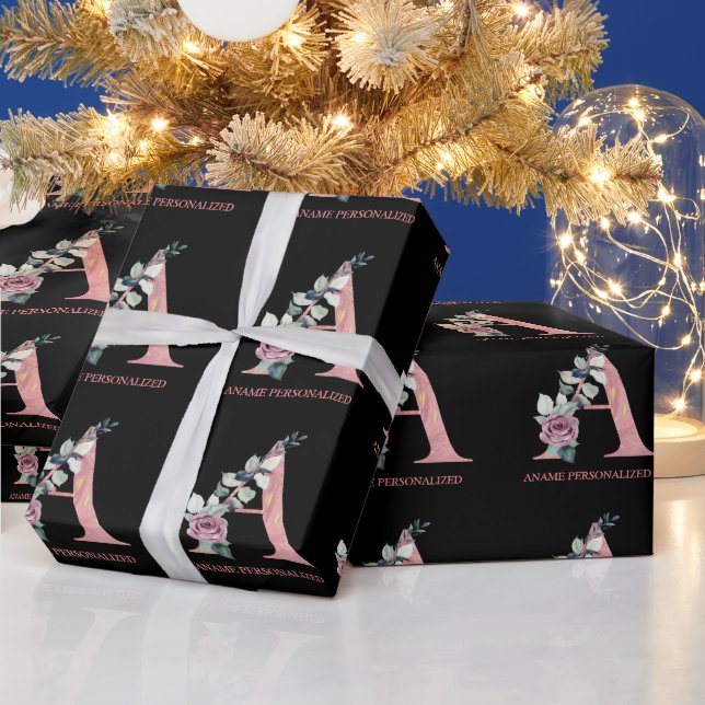 A Floral Monogram Name Letters Pink Agate  Wrapping Paper (Holidays)