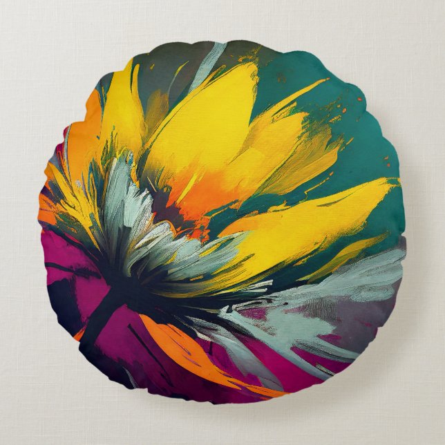 A Floral Odyssey – Expressive Bloom In Motion Round Cushion (Front)